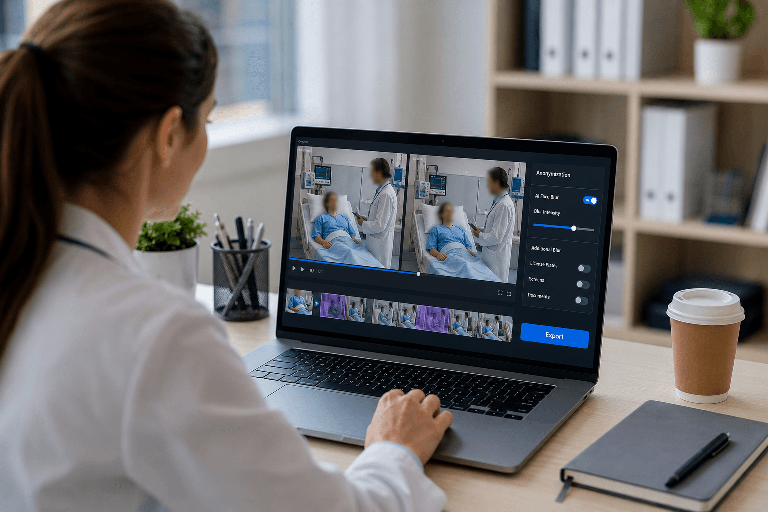 Healthcare content team preparing de-identified patient video for a shared archive