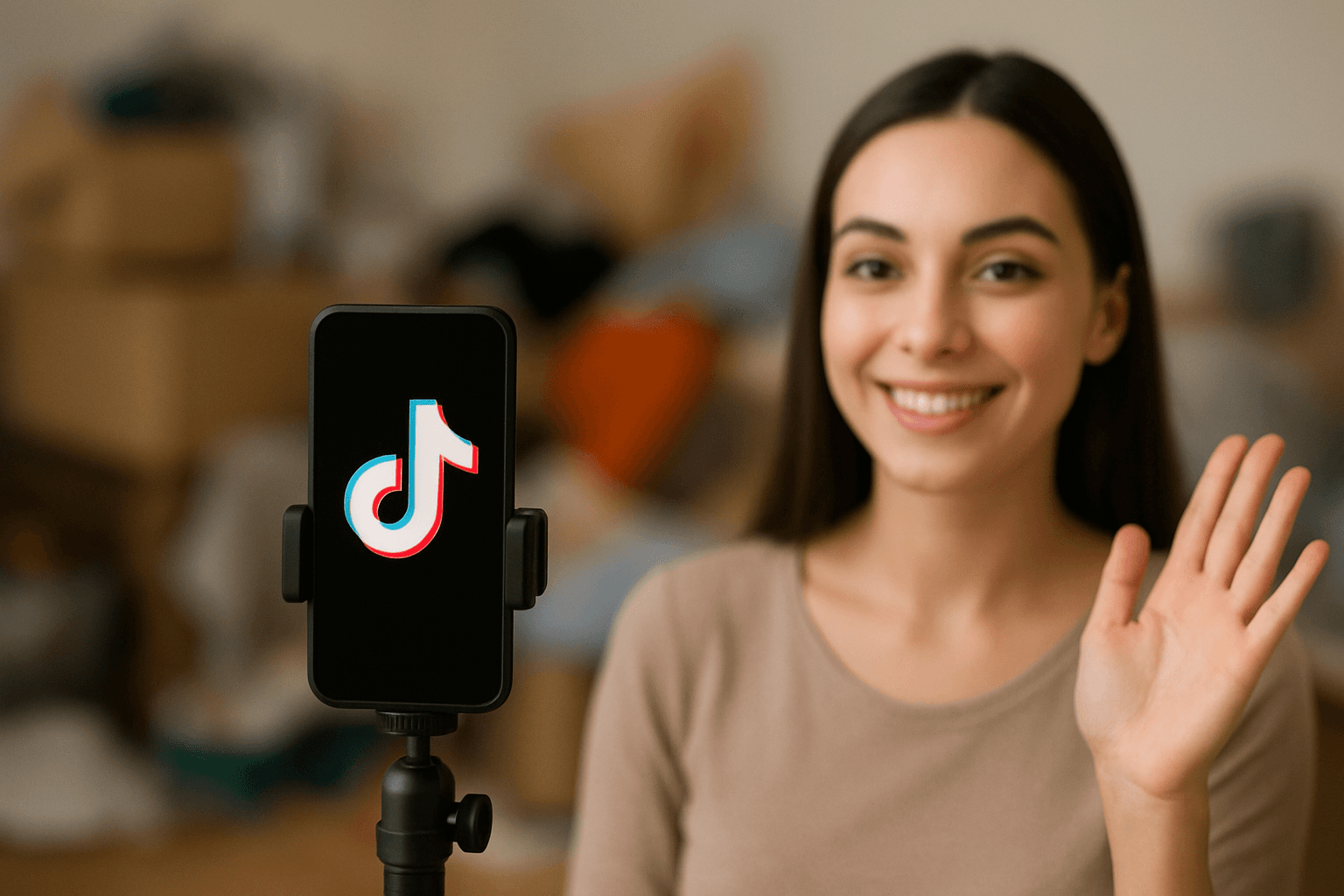 Vertikales TikTok-Video mit verwischten Passantengesichtern vor dem Posten