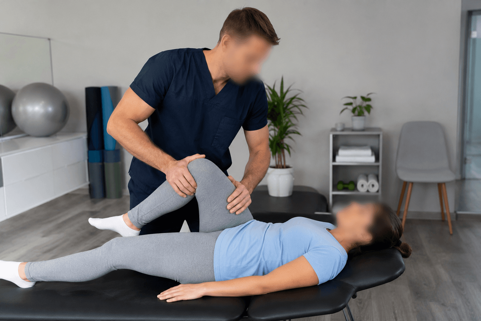 Patient face blurred in a physiotherapy assessment video while movement stays visible