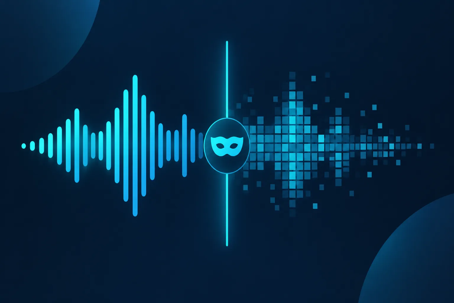 Sound waveform with a cyan mask line showing a voice being disguised for privacy after background noise removal
