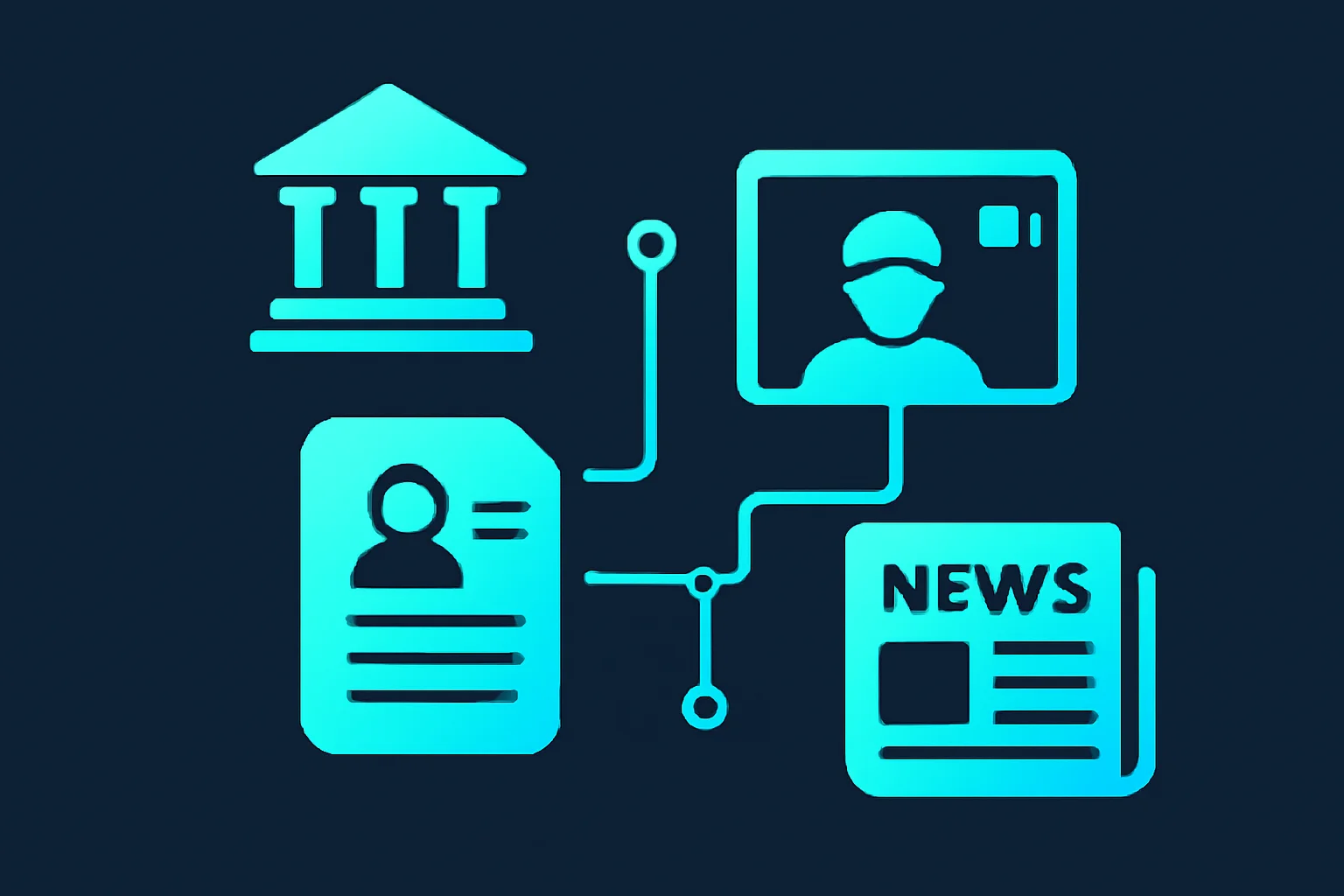 Icons of a bank, resume, video call, and newspaper connected by circuit lines representing industries exposed to deepfake fraud