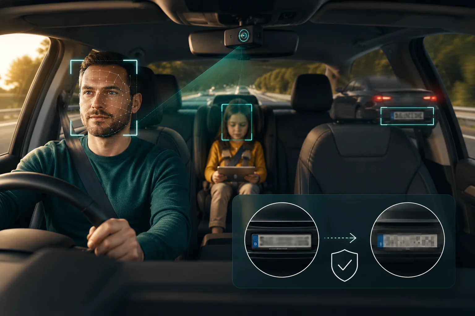 BGBlur AI automatically blurring a driver's face, a child's face, and a license plate in car footage