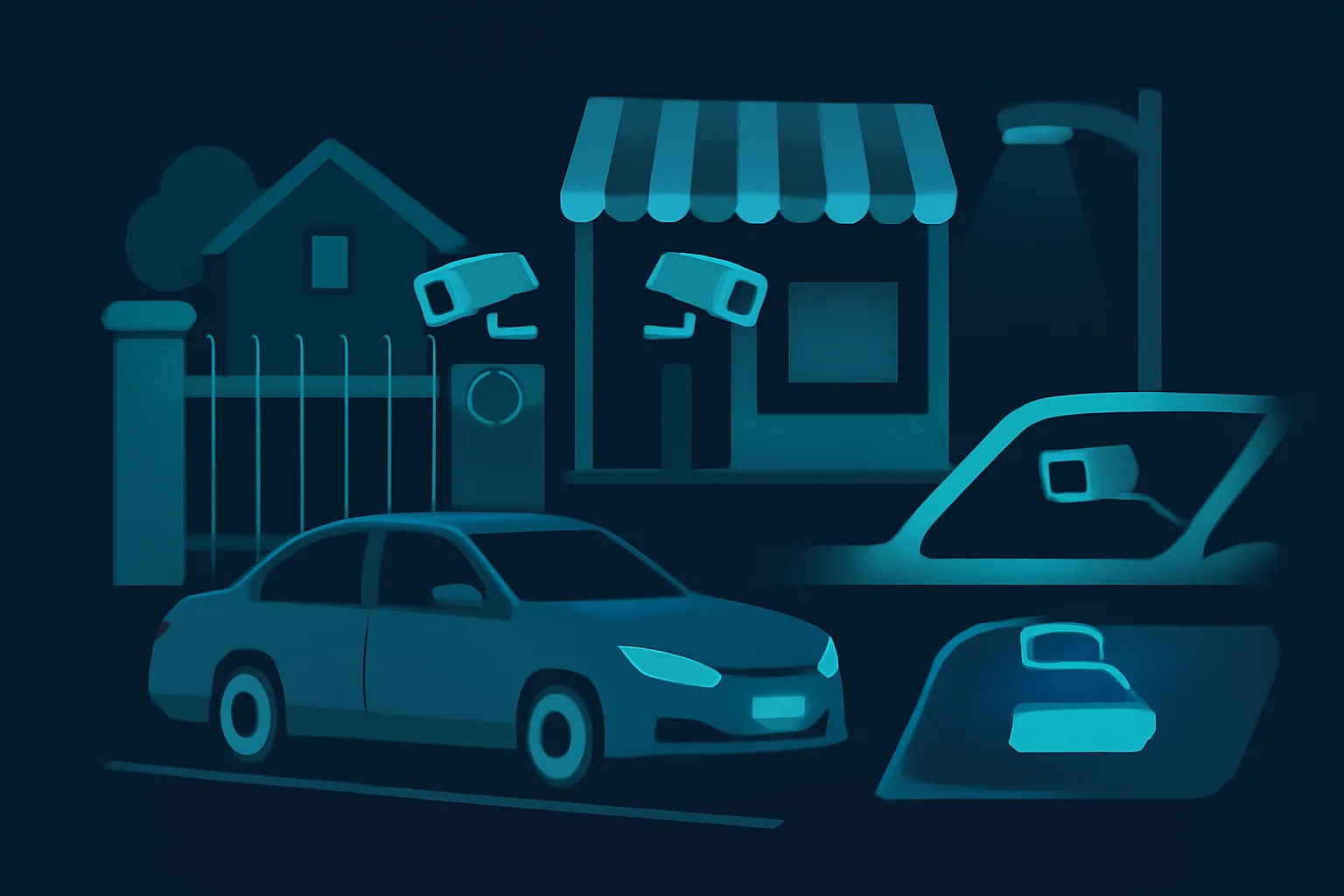 Private cameras at an HOA gate, storefront, parking lot and dashcam capturing vehicles with license plates blurred