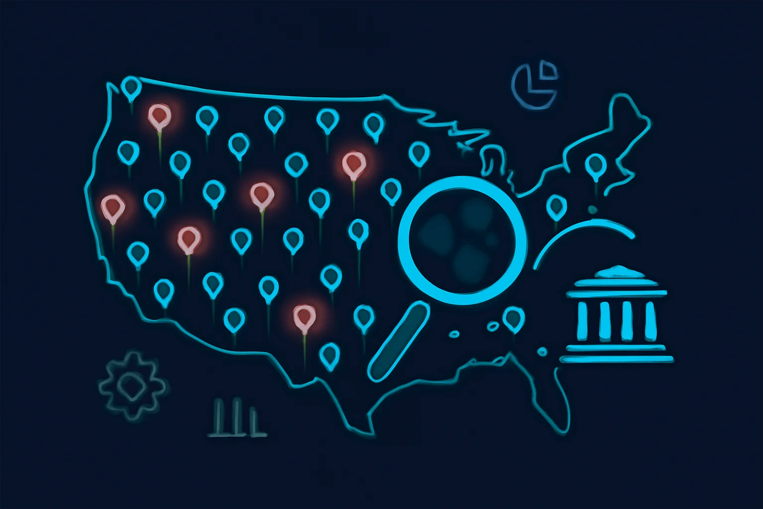 Map showing dozens of towns canceling license plate camera contracts with data flowing to a federal agency icon