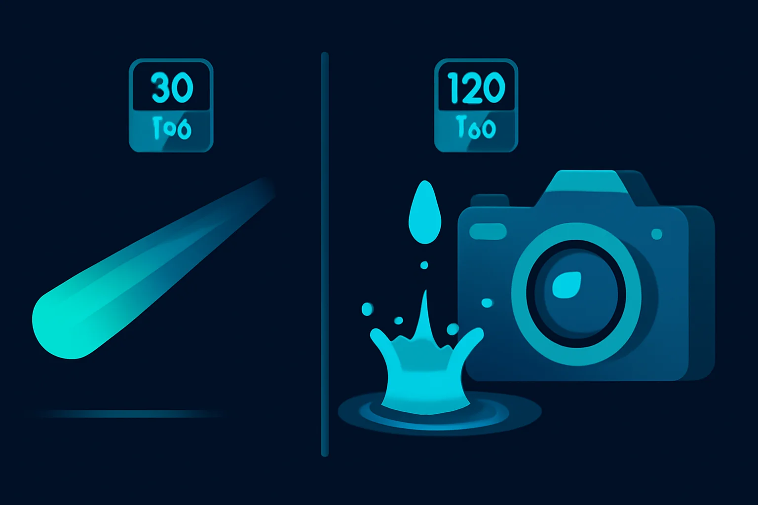 A high-speed camera freezing a water droplet splash in sharp detail compared to motion blur captured at a slower frame rate