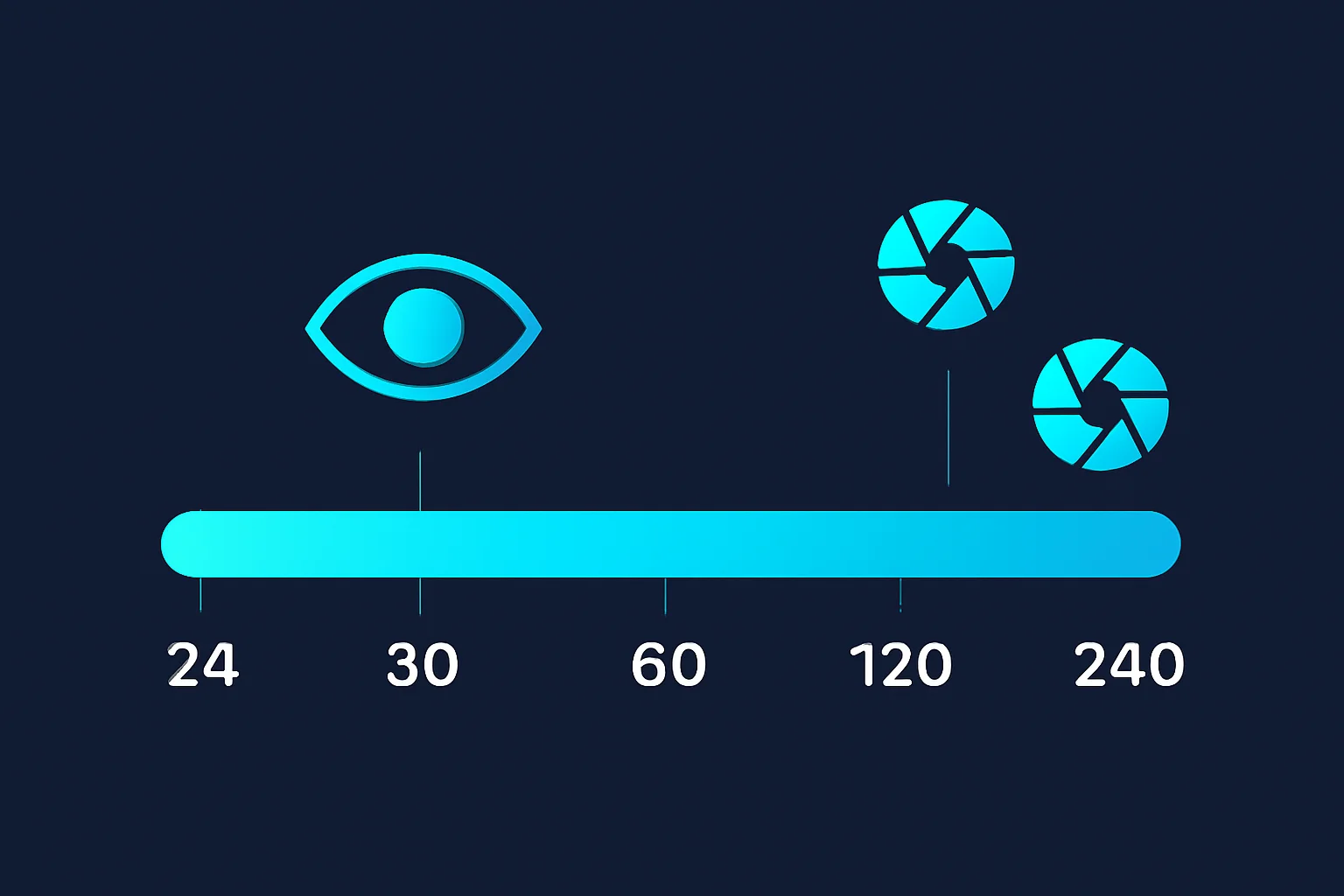 An infographic spectrum showing frame rates from 24 to 240 fps with the typical human perception range highlighted around 30-60 fps