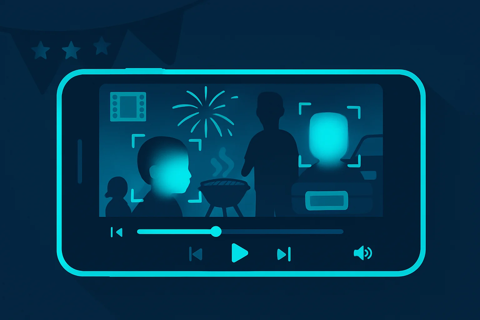 Editing a fireworks and BBQ clip with AI blur tracking boxes on faces and a license plate before posting