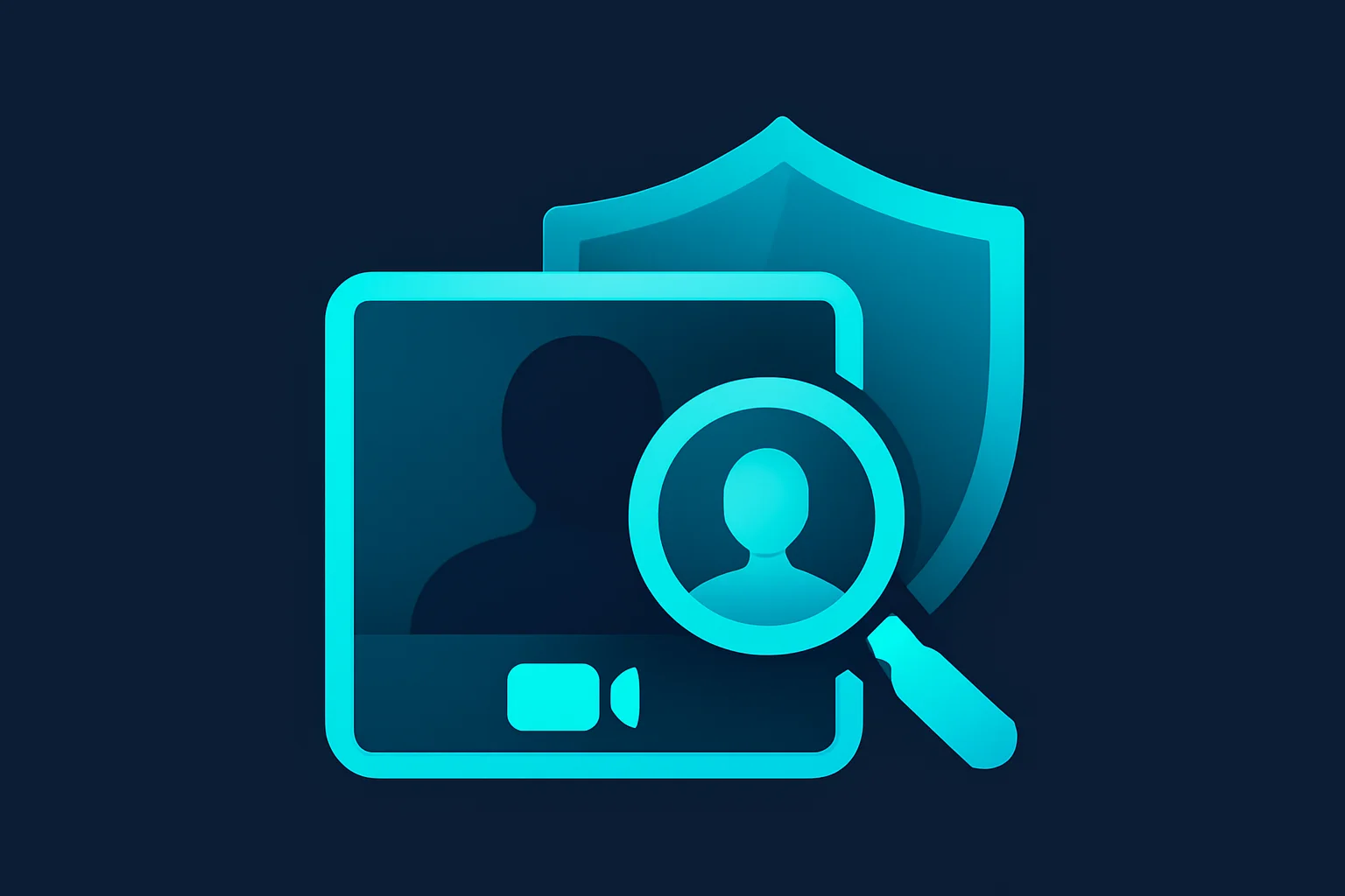 A shield and magnifying glass icon representing a detection and verification layer behind a video call